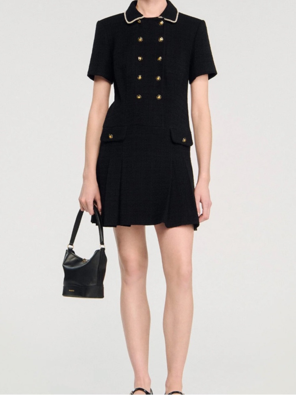 Sandro Black Tweed Mini Dress with Contrast Collar